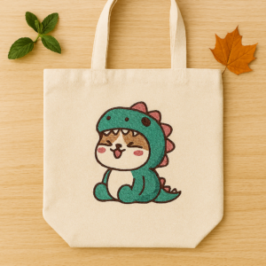 Canvas Tote Bag – Cute Dino Cat Embroidery