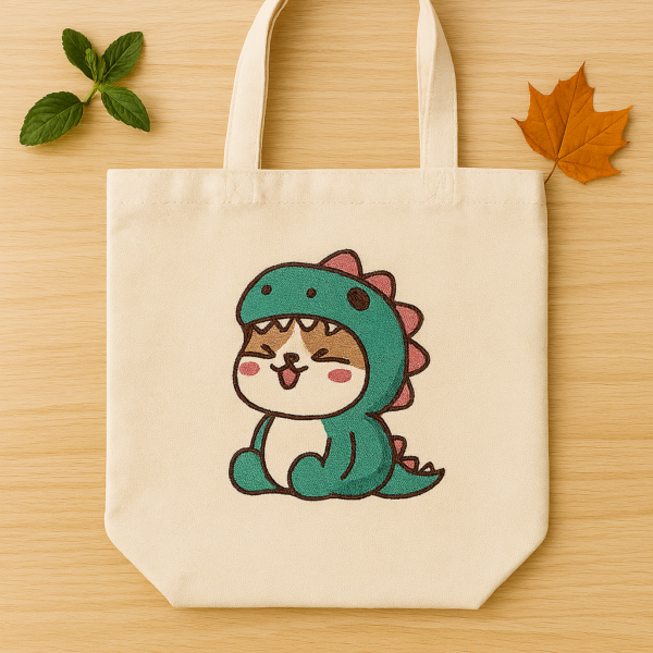 Canvas Tote Bag – Cute Dino Cat Embroidery