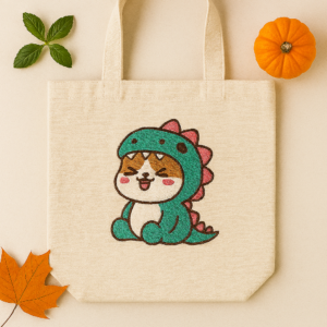 Canvas Tote Bag – Cute Dino Cat Embroidery